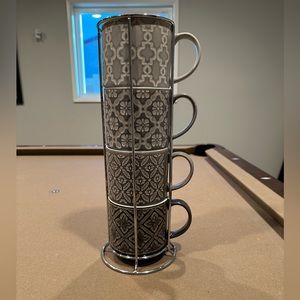 Grey scale set of 4 coffee mugs with rack